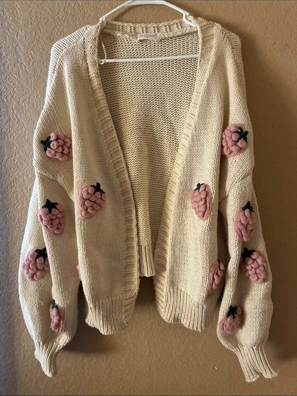 vestique Cream Open Cardigan with Pink Strawberry Appliqués